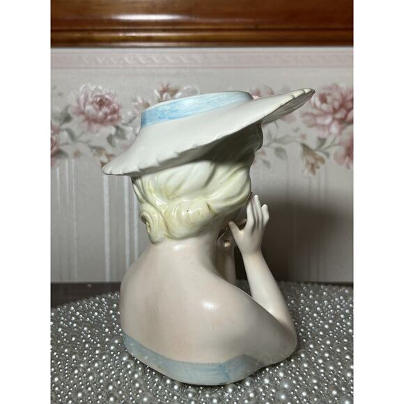 Vintage Lefton White 2900 Lady Head vase, Brimmed Hat No Foil - Picture 10 of 15
